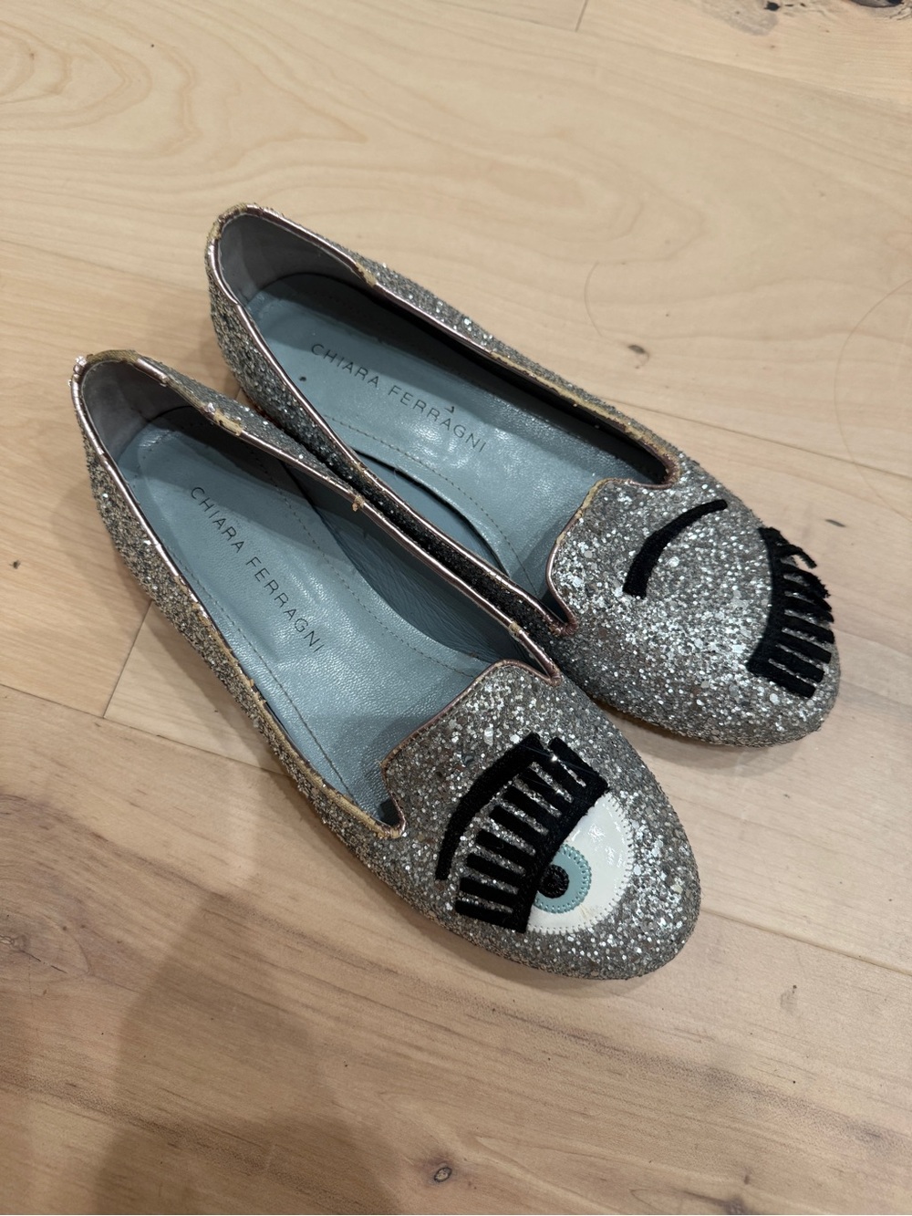 Chiara Ferragni Silver Glitter Eye-Embellished Loafers